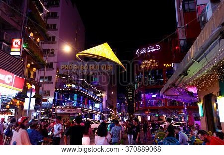 Ho Chi Minh City, Vietnam - March 27, 2019: Colorful Nightlife On Pedestrian Bui Vien Walking Street