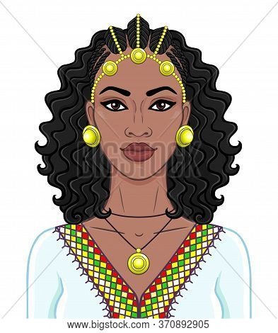 African Beauty: Animation Portrait Of The  Beautiful Black Woman In A Afro-hair And Gold Jewelry. Co
