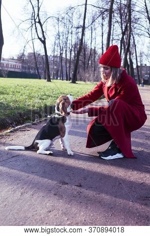 Pretty Young Girl In Redd Coat Playing With Dog Outside In Green Park, Lifestyle People Concept
