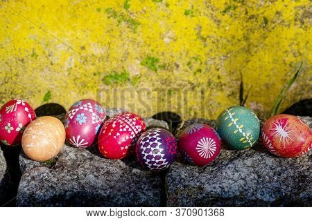 Sunny Yellow Wall And Stones With Easter Eggs From Germany Handmade With Wax Technique, Old Eastern 