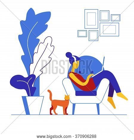 Woman Works On Laptop Remotely From Home. Distant Employment. Freelancer, Remote Employee, Worker. G