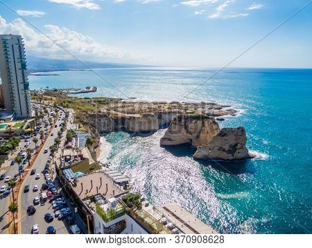 Aerial View Of The Pigeons\' Rocks On Raouche. In Beirut, Lebanon