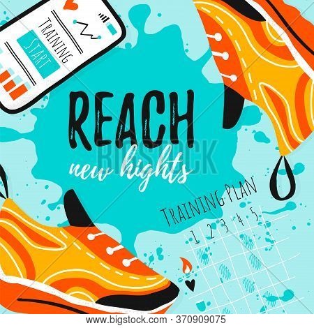 Template Vector Sport Card Design With Shoe, Cell Phone And Training Plan. Reach New Hights On Hand 