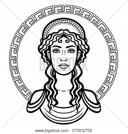 Linear Portrait Of The Young Greek Woman With A Traditional Hairstyle. Decorative Circle. Vector Ill