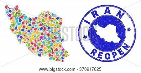 Celebrating Iran Map Collage And Reopening Scratched Stamp. Vector Collage Iran Map Is Organized Of 