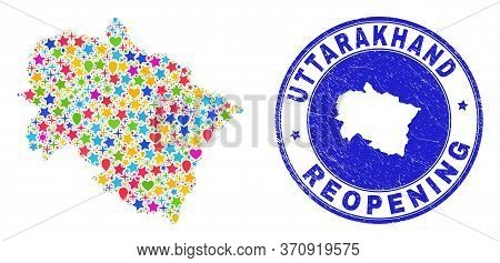 Celebrating Uttarakhand State Map Mosaic And Reopening Rubber Seal. Vector Mosaic Uttarakhand State 
