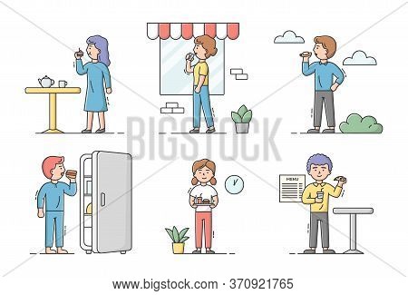 Concept Of Cheat Meal, Lunch Time And Fast Food. People Eating Fast Food. Male And Female Characters