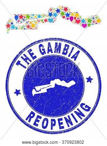 Celebrating The Gambia Map Collage And Reopening Textured Seal. Vector Collage The Gambia Map Is For
