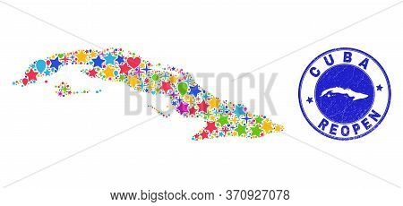 Celebrating Cuba Map Collage And Reopening Corroded Watermark. Vector Collage Cuba Map Is Made With 