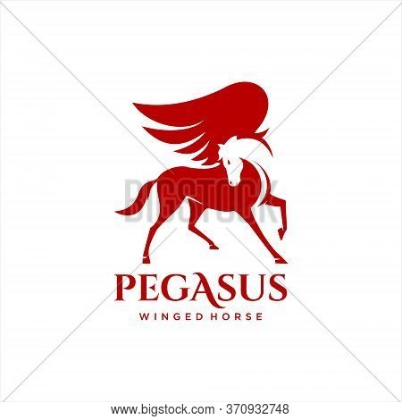 Winged Horse Pegasus Simple Vector Illustration. Flat Red Mascot Logo Design Template. Greek Heraldi