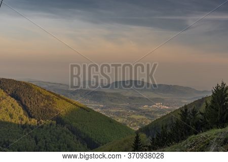 Color Spring Morning View From Pustevny In Beskydy Mountains With Cable Car