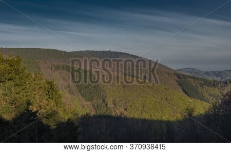 Color Spring Morning View From Pustevny In Beskydy Mountains With Cable Car