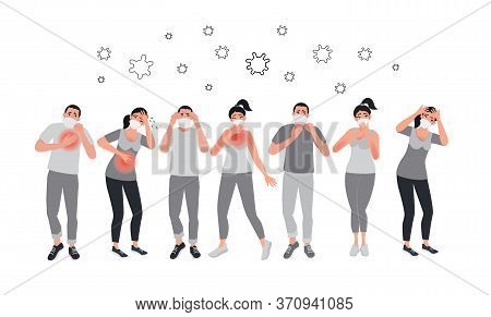 Symptoms Of Coronavirus In A Group Of People. Ill Person. The Situation In The Context Of A Global P