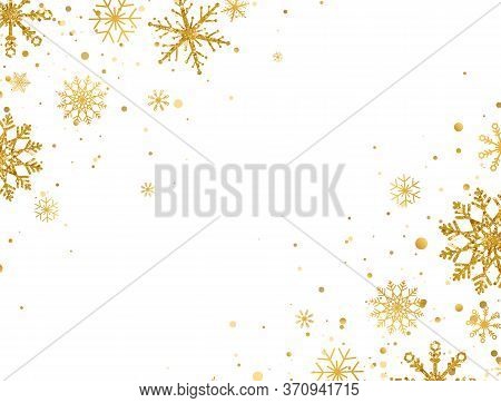 Golden Snowflakes Border With Different Ornaments. Gold Falling Snowflakes On White Background. Luxu