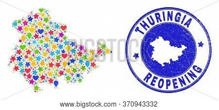Celebrating Thuringia Land Map Mosaic And Reopening Grunge Stamp Seal. Vector Mosaic Thuringia Land 