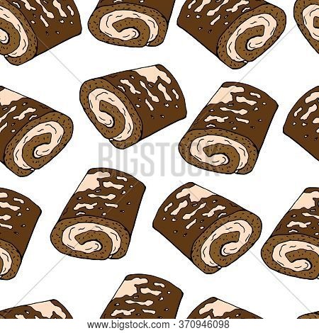 Chocolate Cream Cake Seamless Pattern. Sweet Cartoon Dessert. Endless Texture For Your Design, Annou
