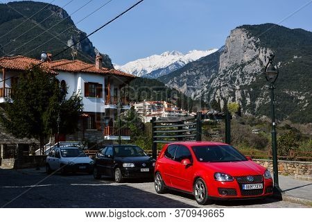 Litochoro, Greece - April 12, 2015: View Of The Snow-capped Mount Olympus From The Village Of Litoch
