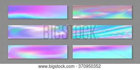 Holography Cool Flyer Horizontal Fluid Gradient Princess Backgrounds Vector Set. Pearlecent Hologram