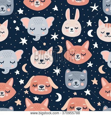 Cute Seamless Pattern With Sleeping Animals Heads, Moon And Stars. Hand Drawn Background With Animal