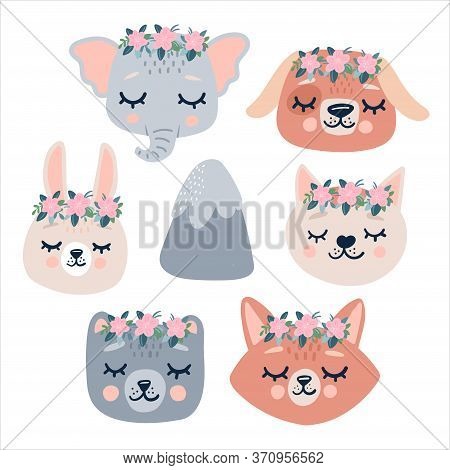 Cute Animals Heads With Closed Eyes. Cute Cartoon Funny Character And Mountain. Pet Baby Print. Scan