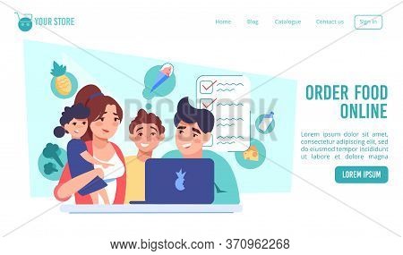 Order Food Online. Happy Family Choosing Meal Product At Internet Marketplace Via Computer Laptop. I