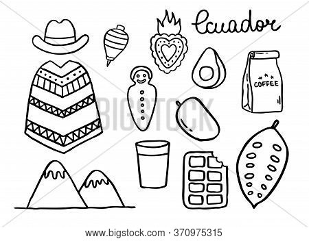 Ecuador Doodle Icons. Ecuadorian Theme, Vector Color Illustration