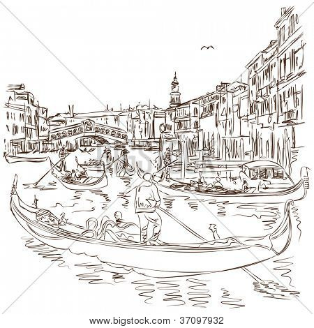 Venedik - Grand Canal. Rialto Köprüsü görünümünü. Vektör kroki