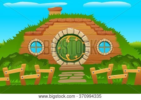 Cartoon Doors Composition With Outside View Of Hobbit House Built In Hill Side With Round Windows Ve