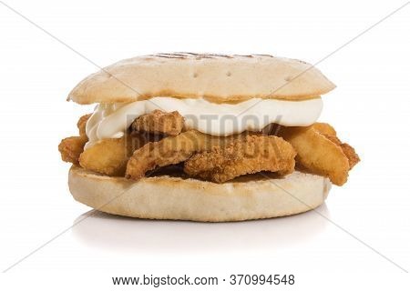 Rabas Sandwich With Aioli Sauce Isolated On White.