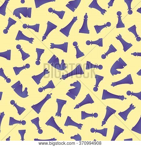 Chess Game Seamless Pattern In Cartoon Style. Various Blue Chess Figures On Yellow Background. Chess