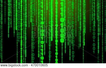 Binary Code With Neon Green Rays On A Black Background. Computer Language, Binary Code, Illustration