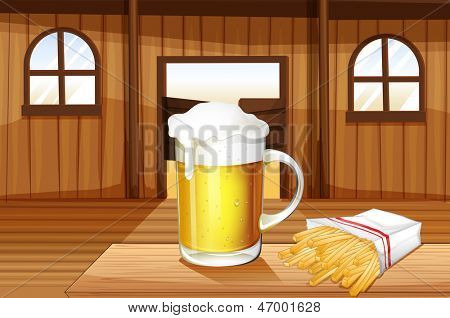 Ilustracja kubek zimne piwo i frytki do baru saloon