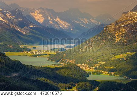 Celerina An Engadine Lakes, St Moritz, Silvaplana And Maloja From Muottas Muragl