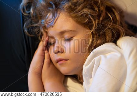 Night Sleeping. Kid Sleeping On Bed At Home. Bedtime, Kids Sleeps. Child Asleep On Pillow, Having He