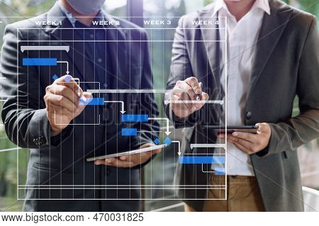 Project Manager Working And Update Tasks With Milestones Progress Planning And Gantt Chart Schedulin