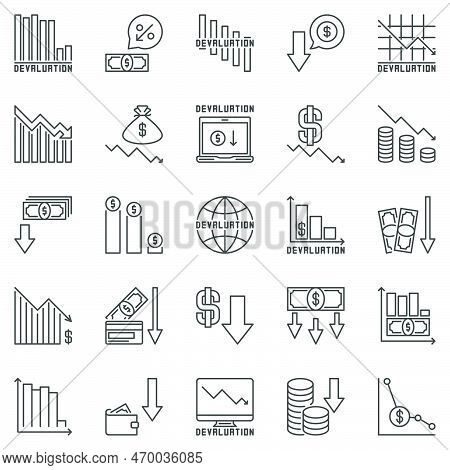 Devaluation Outline Icons Set - Currency Depreciation And Financial Crisis Vector Concept Symbols