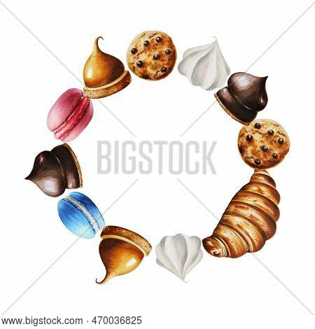 Watercolor Frame With Macaroons, Biscuits, Marshmallows In Chocolate, Meringue, Eclair, Croissant, C