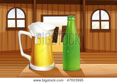 Ilustrace piva a lahev softdrink u stolu