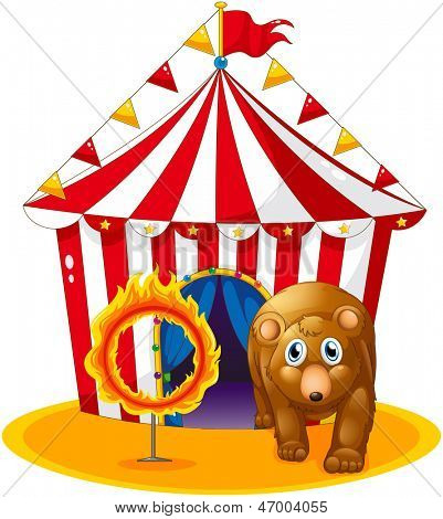 Ilustração de uma tenda vermelha na parte traseira de um urso e um anel em chamas em um fundo branco
