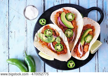 Jack Fruit Vegan Tacos. Top View Table Scene On A Blue Wood Background. Healthy Eating, Plant-based 