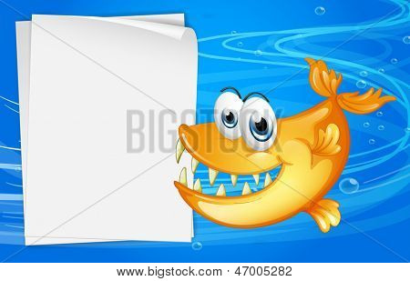 Illustrazione di un pesce con denti affilati accanto una carta vuota sotto l'acqua