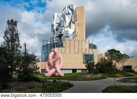 Arles, Provence, France, 1 1 2023 - Contemporary Building And Art Sculpture In The Landscape Garden,