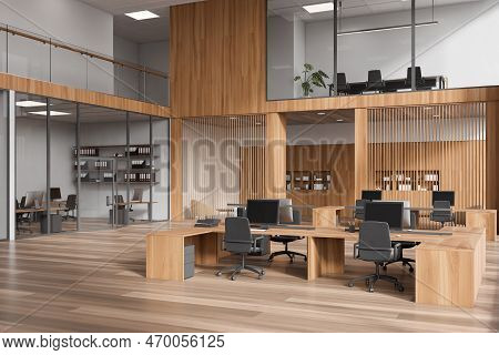 Wooden Business Interior With Coworking And Conference Zone Behind Glass Doors, Side View. Two Store
