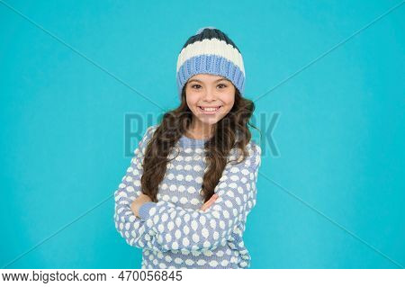 Keep Head In Warmth. Cozy And Comfortable. Winter Fashion For Active Rest. Child Wearing Knitwear.