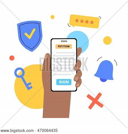 Digital Petition Signing On Smartphone. Online Counting Of Signatures Concept. Written Document Sign