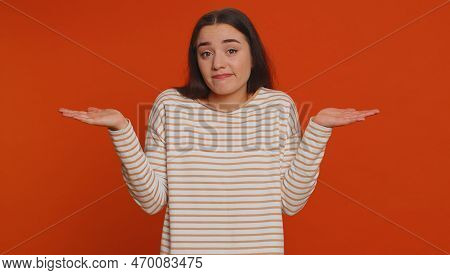 I Dont Know What To Say. Confused Woman Feeling Embarrassed About Ambiguous Question, Having Doubts,