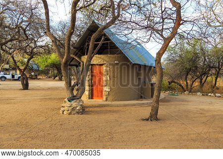 Etosha National Park 05 October 2018: Onguma Bush Camp. Camping Area. Buildings With Thatched Roofs.