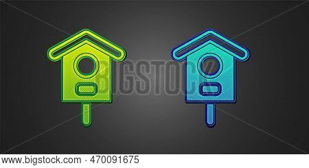 Green And Blue Bird House Icon Isolated On Black Background. Nesting Box Birdhouse, Homemade Buildin