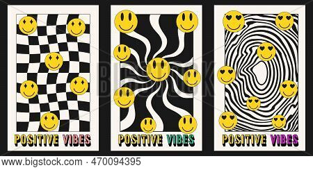 Vector Set Of Hipie Posters With Cartoon Faces. Placard With Funny Smile Faces In Trendy 90s Style
