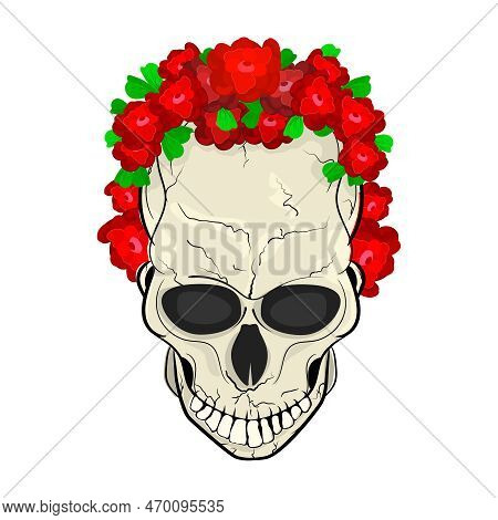 Mexican Sugar Skull Isolated On White Background. Skull With Head Wreath Of Roses. Dia De Los Muerto